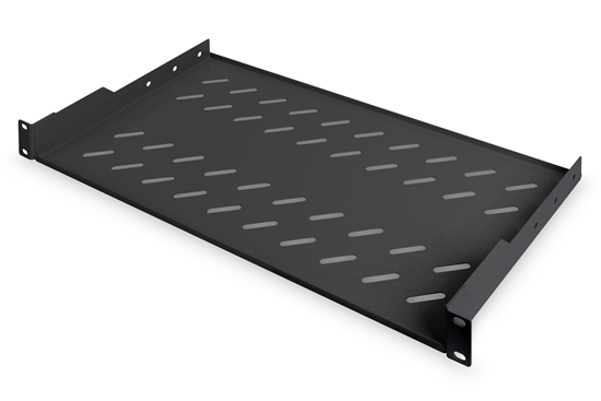 Picture of Digitus | Fixed Shelf for Racks | DN-19 TRAY-1-SW | Black | The shelves for fixed mounting can be installed easy on the two front 483 mm (19“) profile rails of your 483 mm (19“) network- or server cabinet. Due to their stable, perforated steel sheet with 
