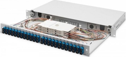 Изображение Digitus Panel krosowy FO z wyposaeniem 19'' 1U, 24x SC dx, OS2, pigtaile, adaptery, tacki, wysuwany, szary