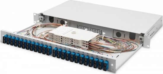 Изображение Digitus Panel krosowy FO z wyposaeniem 19'' 1U, 24x SC dx, OS2, pigtaile, adaptery, tacki, wysuwany, szary