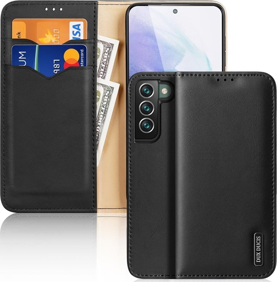 Изображение Dux Ducis Dux Ducis Hivo skórzane etui z klapk pokrowiec ze skóry naturalnej portfel na karty i dokumenty Samsung Galaxy S22+ (S22 Plus) czarny