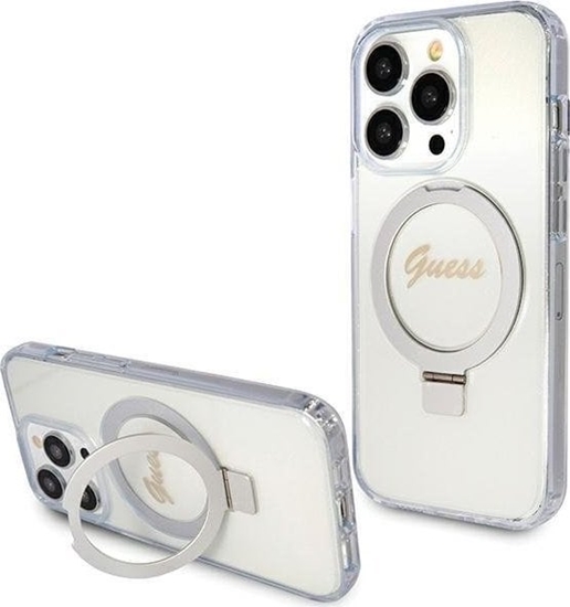 Изображение Guess Guess GUHMP15LHRSGSD iPhone 15 Pro 6.1" przezroczysty/transparent hardcase Ring Stand Script Glitter MagSafe