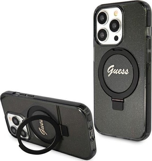 Изображение Guess Guess GUHMP15LHRSGSK iPhone 15 Pro 6.1" czarny/black hardcase Ring Stand Script Glitter MagSafe