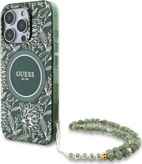 Picture of Guess GUHMP16XHCPOFPA iPhone 16 Pro Max   6.9" zielony/green hardcase IML Flowers Allover Electro With Pearl Strap MagSafe