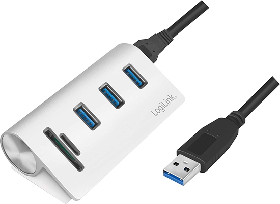 Изображение Logilink USB 3.0 HUB 3-Port, mit Kartenleser, ALU, silber