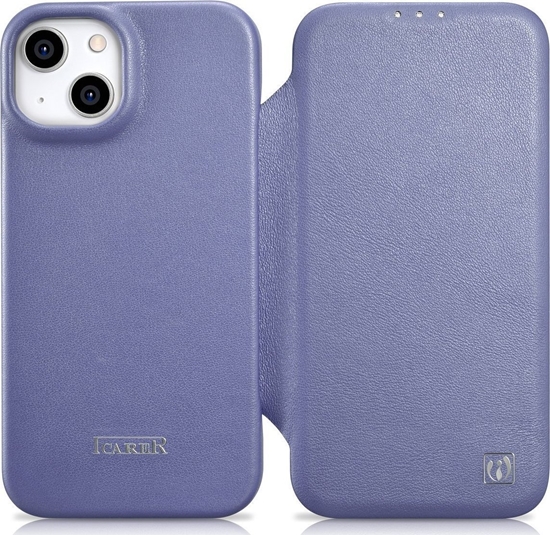 Изображение iCarer iCarer CE Premium Leather Folio Case skórzane etui iPhone 14 Plus z klapk magnetyczne MagSafe jasnofioletowy (WMI14220715-LP)