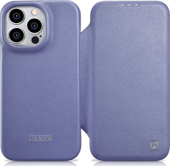 Изображение iCarer iCarer CE Premium Leather Folio Case skórzane etui iPhone 14 Pro z klapk magnetyczne MagSafe jasnofioletowy (WMI14220714-LP)
