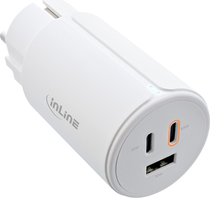 Picture of InLine InLine® USB PD power supply, GaN charger, 3-port, Dual USB-C + USB-A, 65W, white