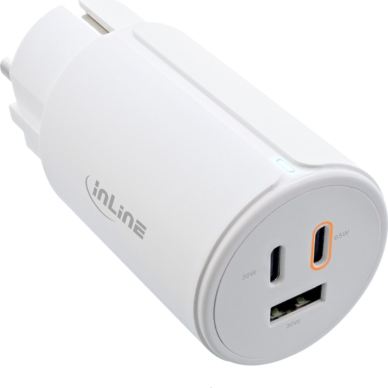 Picture of InLine InLine® USB PD power supply, GaN charger, 3-port, Dual USB-C + USB-A, 65W, white