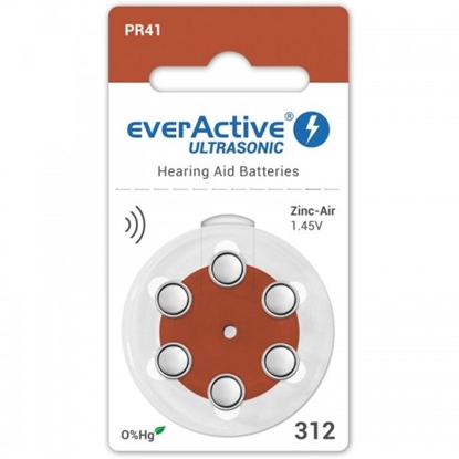 Attēls no Izmērs 312, Dzirdes Aparāta Baterija, 1.45V everActive Zn-Air PR41 iepakojumā 6 gb.