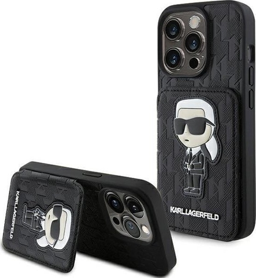 Picture of Karl Lagerfeld KLHCP15LSAKKNSCK iPhone 15 Pro 6.1" czarny/black hardcase Saffiano Cardslots and Stand Monogram Ikonik Patch