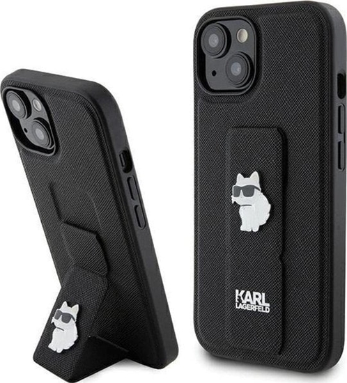 Picture of Karl Lagerfeld KLHCP15SGSACHPK iPhone 15 6.1" czarny/black hardcase Gripstand Saffiano Choupette Pins