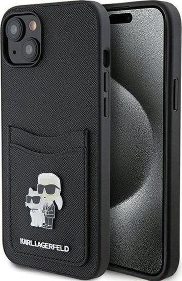 Picture of Karl Lagerfeld KLHCP15SSAPKCNPK iPhone 15 6.1" czarny/black hardcase Saffiano Cardslot Karl&Choupette Metal Pin