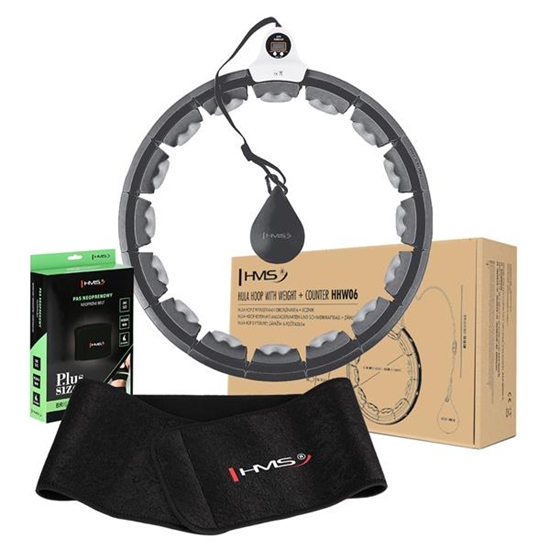 Picture of Komplekts HULA HOOP HHW06 BLACK WITH A GRAVITY BALL AND COUNTER HMS + WAIST SUPPORT BR163 BLACK PLUZ SIZE