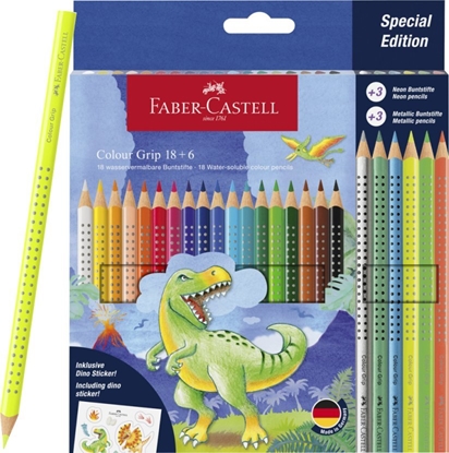 Attēls no Kredki Grip 2001 Edycja Dinozaury 18 Kolorów Standardowych + 6 Kolorów Metalicznych + Naklejki Faber-Castell 201546 FC