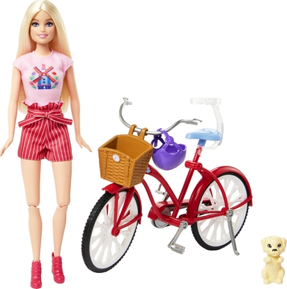 Attēls no Lalka Barbie Mattel Pink Passport Barbie na rowerze z pieskiem (HWJ00)