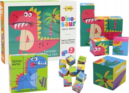Attēls no LeanToys Edukacyjne Puzzle 6w1 Klocki Ukadanka Kostki 6 Obrazków Dinozaury 9 El.