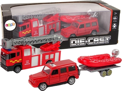 Изображение LeanToys Zestaw Pojazdów Stra Poarna Nacig Motorówka Jeep Czerwony