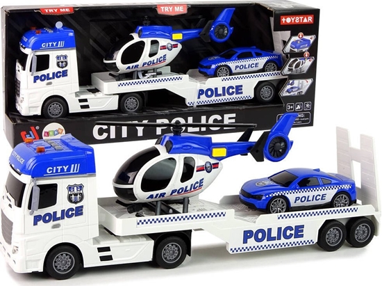 Изображение LeanToys Zestaw Policja Laweta Ciarówka Autko Helikopter Dwik wiata