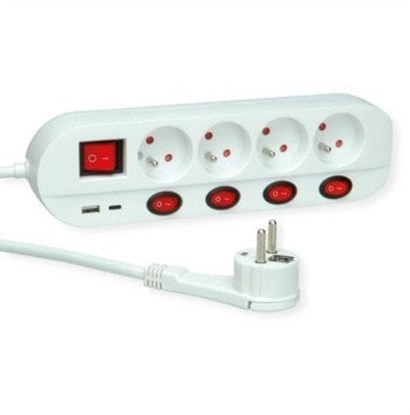 Picture of Roline Power Strip, 4-way, UTE, with individual on/off switches, 1x USB A, 1x USB C, 1.5 m