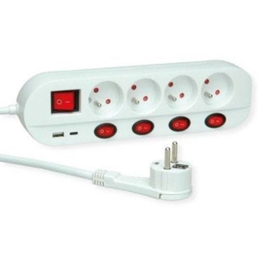 Picture of Roline Power Strip, 4-way, UTE, with individual on/off switches, 1x USB A, 1x USB C, 1.5 m