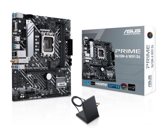 Picture of Mainboard|ASUS|Intel H610|LGA1700|Micro-ATX|Memory DDR4|Memory slots 2|1xPCI-Express 3.0 1x|1xPCI-Express 4.0 16x|2xM.2|1x15pin D-sub|1xHDMI|1xDisplayPort|2xAudio-In|1xAudio-Out|4xUSB 2.0|2xUSB 3.2|2xPS/2|1xRJ45|2xRF-Out|H610M-AWIFID4