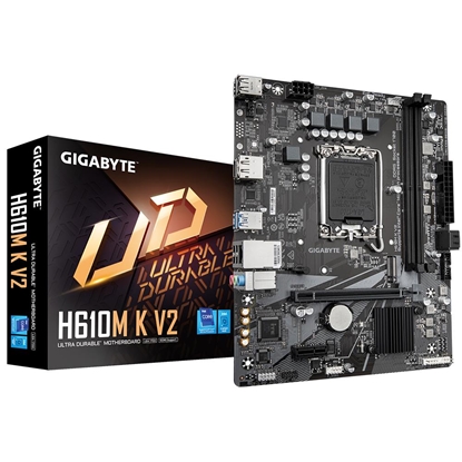 Attēls no Mainboard|GIGABYTE|Intel H610|LGA1700|Micro-ATX|Memory DDR5|Memory slots 2|1xPCI-Express 3.0 1x|1xPCI-Express 4.0 16x|1xM.2|1xHDMI|1xDisplayPort|4xUSB 2.0|2xUSB 3.2|1xPS/2|1xRJ45|3xAudio port|H610MKV2