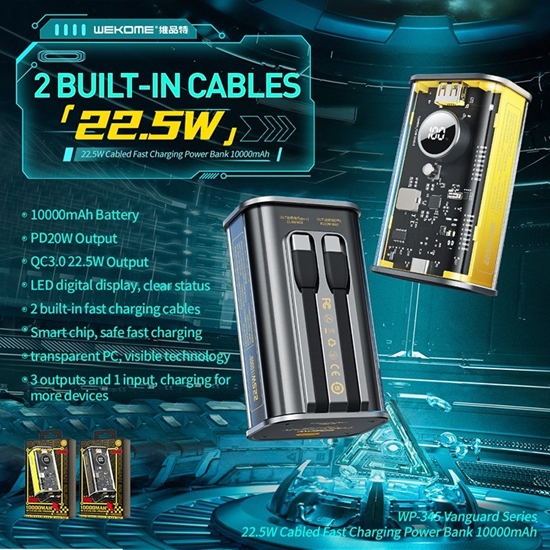 Picture of Powerbank Wekome WEKOME WP-345 Vanguard Series - Power bank 10000 mAh Fast Charging z wbudowanym kablem USB-C & Lightning PD 20W + QC 22.5W (óty)