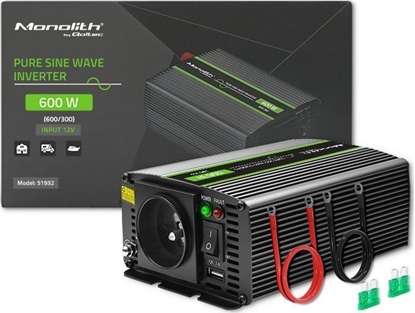 Изображение Przetwornica Qoltec Przetwornica napicia Monolith | 300W | 600W | 12V na 230V | Czysty Sinus