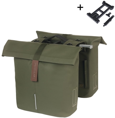 Attēls no Sakwa miejska podwójna BASIL CITY DOUBLE PANNIER BAG MIK 28-32L, MIK System (ready to go), moss green (NEW 2025)