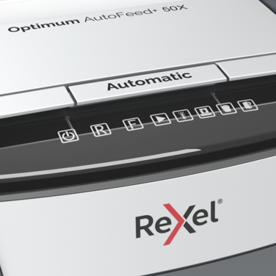 Picture of Rexel Optimum AutoFeed+ 50X Paper Shredder Cross cut shredding 4x28mm P-4 20L 55dB, Grey/Black