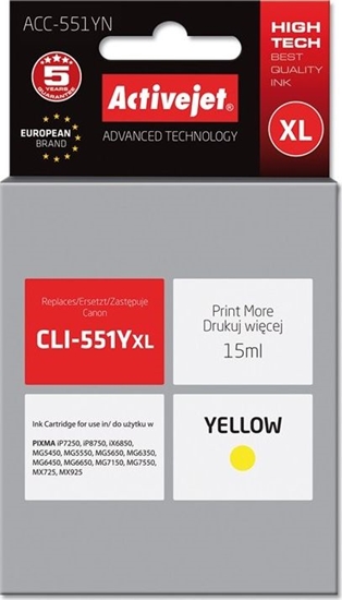Picture of Tusz Activejet Activejet Tusz Activejet ACC-551YN (zamiennik Canon CLI-551Y; Supreme; 15 ml; óty)