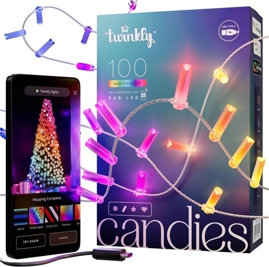 Picture of Twinkly Candies 100 Candle-shaped RGB LEDs, Clear Wire, USB-C