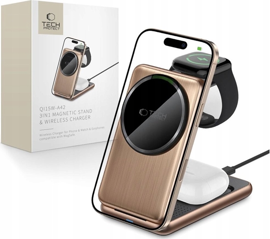 Picture of adowarka bezprzewodowa Tech-Protect QI15W-A42 3in1 Magnetic MagSafe Wireless Charger Desert Gold
