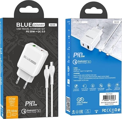 Picture of adowarka Blue Power BLUE POWER ADOWARKA SIECIOWA PD20W+QC3.0 KABEL LIGHTNING BIAY standard
