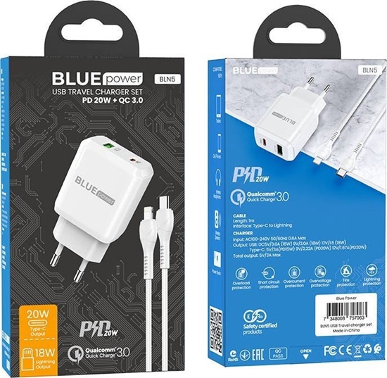 Изображение adowarka Blue Power BLUE POWER ADOWARKA SIECIOWA PD20W+QC3.0 KABEL LIGHTNING BIAY standard
