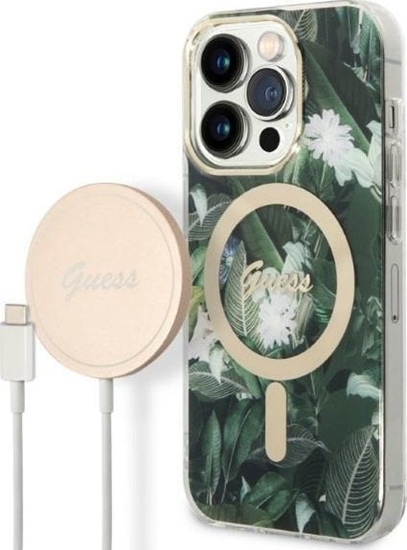 Picture of adowarka Guess Zestaw Guess etui + adowarka bezprzewodowa GUBPP14XHJEACSA Apple iPhone 14 Pro Max zielony/green hard case Jungle MagSafe