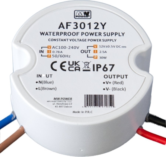 Изображение AF3012Y: MW Power 30W 12V/2.5A round LED power supply, IP67