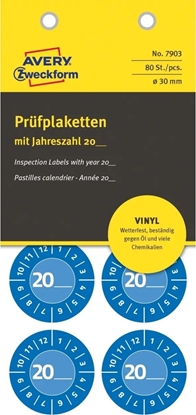Picture of AVERY Blå inspektionsetiket Ø30 mm med årstal 20__ til selv at udfylde, Vinyl Blå - (10 ark x 8 stk.)