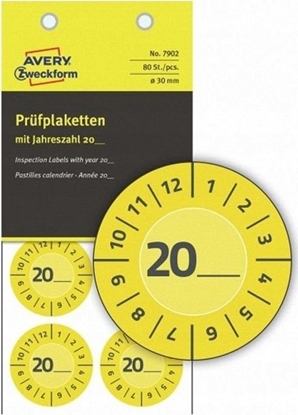 Picture of AVERY Gul inspektionsetiket Ø30 mm med årstal 20__ til selv at udfylde, Vinyl Gul - (10 ark x 8 stk.)
