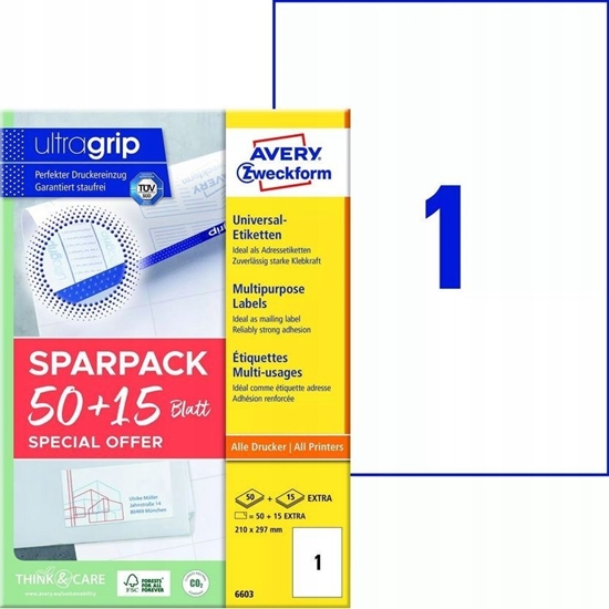 Picture of AVERY Universaletiketter Avery 210x297 mm, hvid med Ultragrip +30% ekstra indhold - (65 ark)