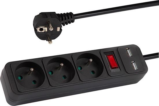 Picture of Blow 98-074# Przeduacz sieciowy pr-370wsp/usb 3-gniazda+usb z uziemieniem+wycznik 1,5m czarny 3x1,5mm