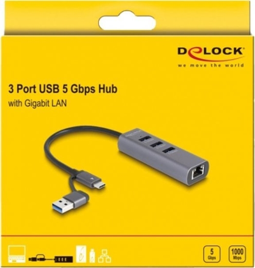 Picture of Delock 3 Port USB 5 Gbps Hub + Gigabit LAN with USB Type-C™ or USB Type-A connector in metal case