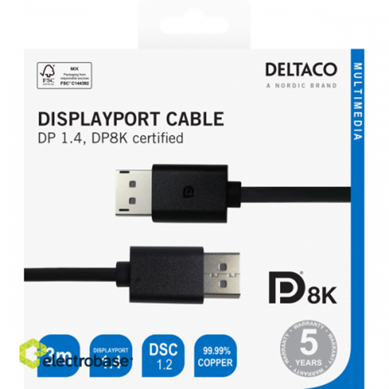 Picture of DisplayPort kabelis DELTACO 8K, DP 1.4, 3m, melns / DP8K-1030-K / 00110017