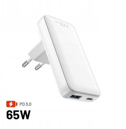 Attēls no FIXED Slim GaN Travel Charger - adowarka GaN USB-A/USB-C 65W biaa - Gwarancja bezpieczestwa. Proste raty. Bezpatna wysyka od 170 z.