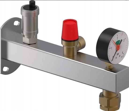 Picture of Grupa bezpieczestwa 3 bar INOX z przyczem do zbiornika z manometrem, zaworem bezpieczestwa i automatycznym odpowietrznikiem C.O.