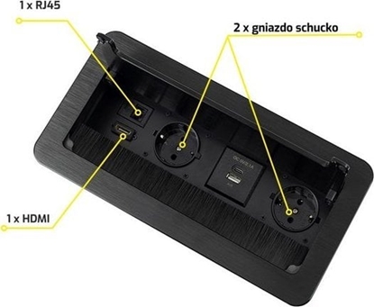 Attēls no Ilgiklis montuojamas balde INBOX, 2x Schuko, 1x USB A, 1x USB-C, HDMI, RJ45, su 1.5m ilgio laidu, juodas