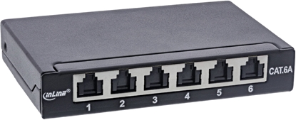 Picture of InLine® Patchfeld Cat.6A 0,5HE 6-fach, Tisch/Wand/Hutschiene schwarz Staubschutz