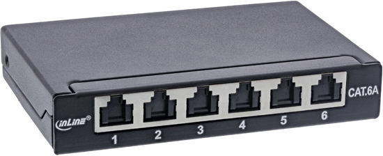 Picture of InLine® Patchfeld Cat.6A 0,5HE 6-fach, Tisch/Wand/Hutschiene schwarz Staubschutz