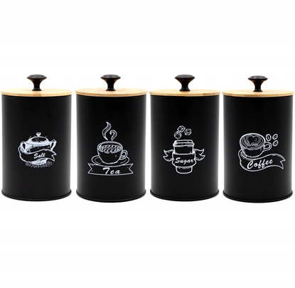 Picture of KOMPLET 4 POJEMNIKÓW KAWA HERBATA CUKIER SÓL 16X9,5CM BRUNBESTE BB-2675 (NAPISY ENG)