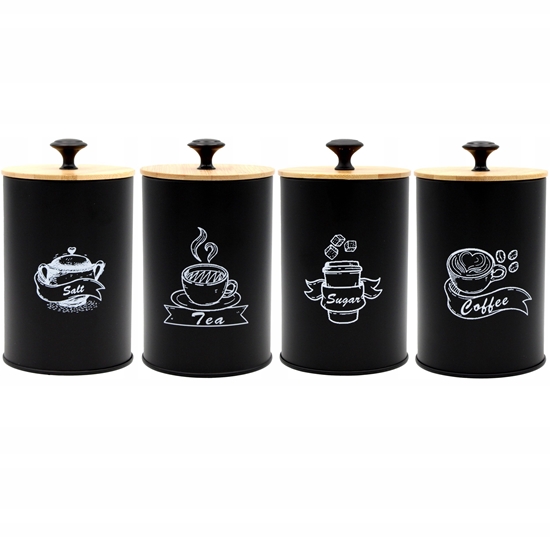 Picture of KOMPLET 4 POJEMNIKÓW KAWA HERBATA CUKIER SÓL 16X9,5CM BRUNBESTE BB-2675 (NAPISY ENG)